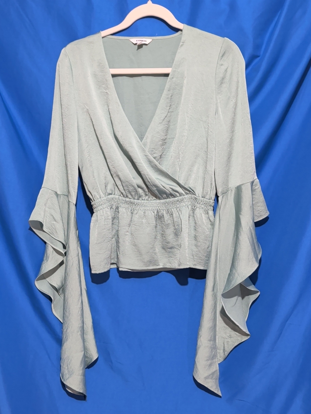 Express Small Light Sage Surplice Blouse with Ruffle Bell Sleeves